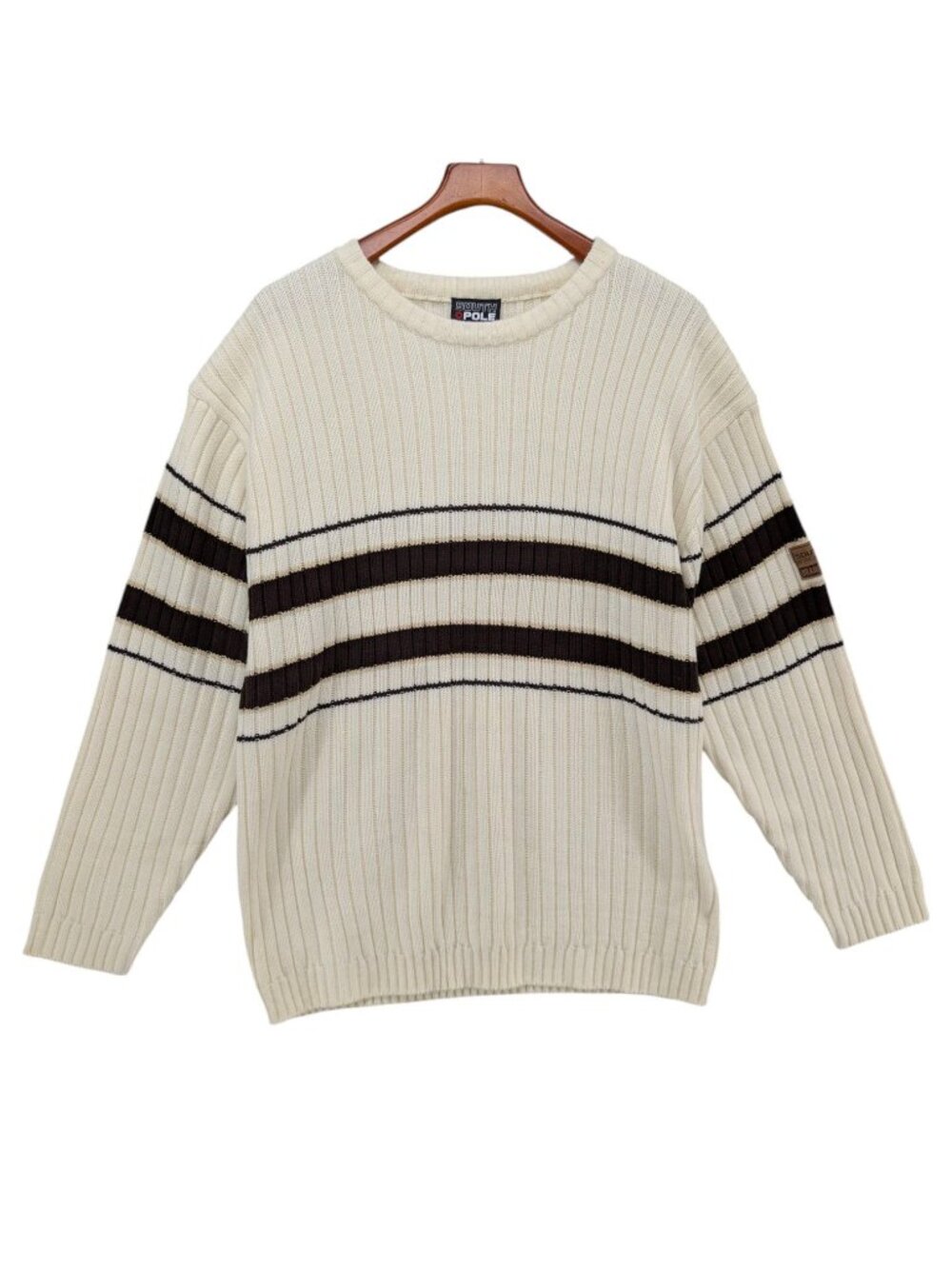 Southpole Ribbed Knit Sweater Mens Cream Brown Stripe Crew Neck Y2K Size XL